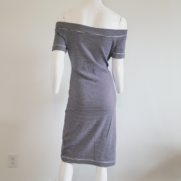 H&M Striped Off The Shoulder Bodycon Knee Length Dress Navy Blue White Sz M - Picture 3 of 8